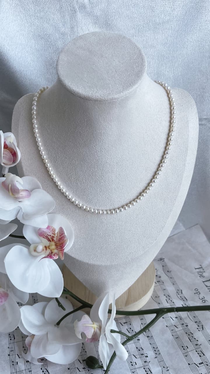 Fresh water pearls necklace 3-4mm silver/stainless steel handmade jewel natural white colour