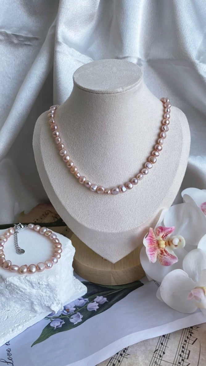 Fresh water pearls necklace and bracelet set 6-7mm natural purple colour handmade jewellery adjustable length
