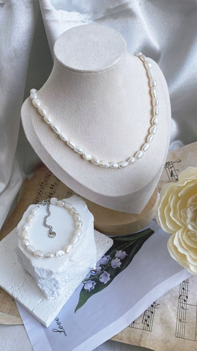 Fresh water pearls necklace and bracelet set 6-7mm natural white colour handmade jewellery adjustable length