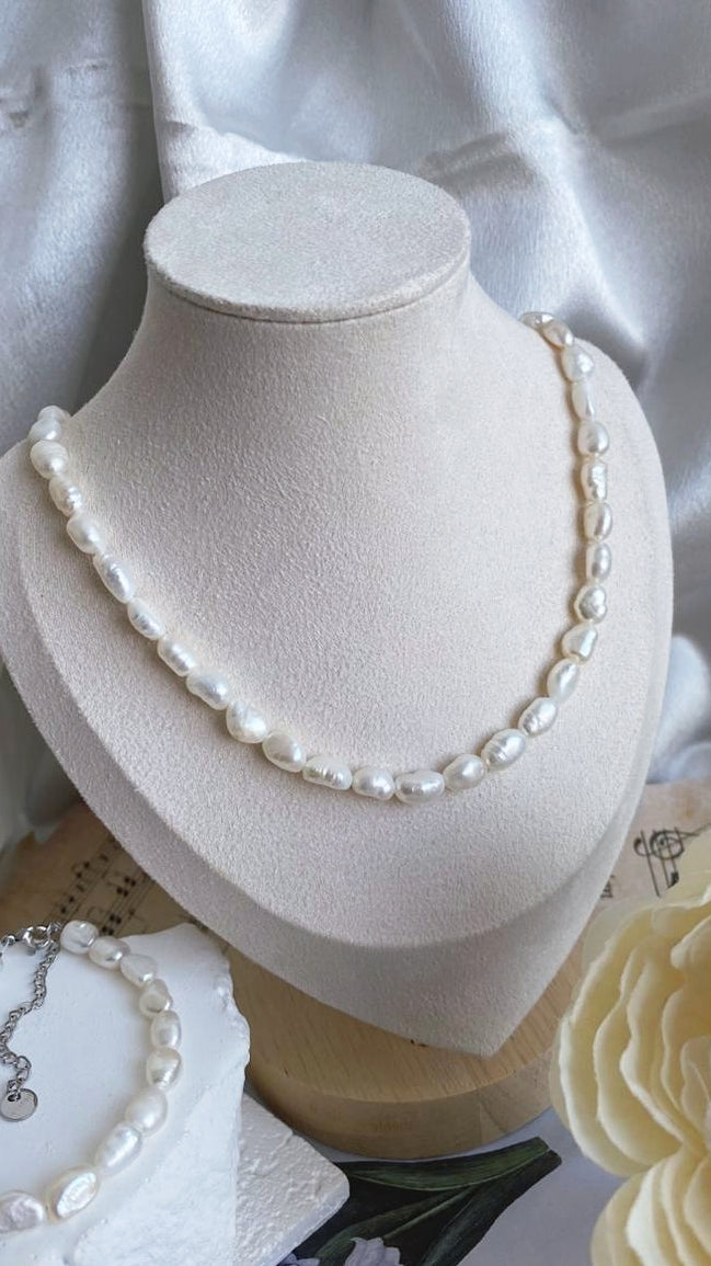 Fresh water pearls necklace and bracelet set 6-7mm natural white colour handmade jewellery adjustable length