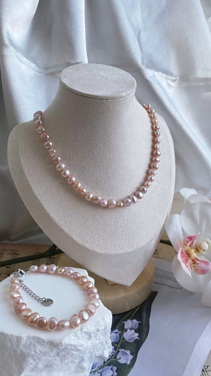 Fresh water pearls necklace and bracelet set 6-7mm natural purple colour handmade jewellery adjustable length