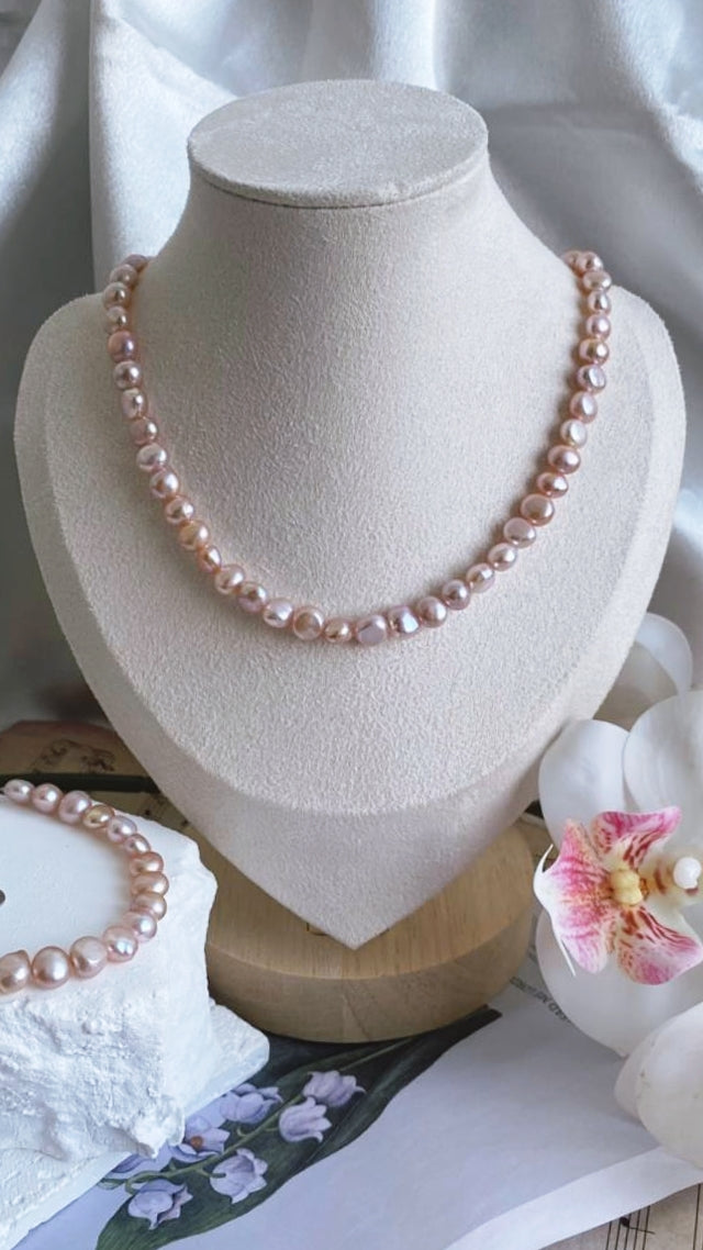 Fresh water pearls necklace and bracelet set 6-7mm natural purple colour handmade jewellery adjustable length