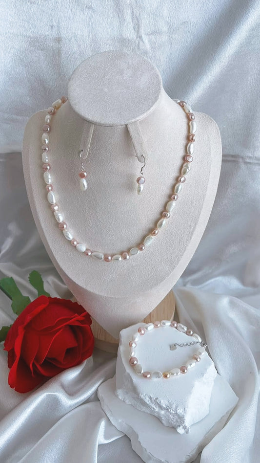 Fresh water pearls Necklace, Bracelet, and Earring set 6-8mm natural purple and white colour handmade
