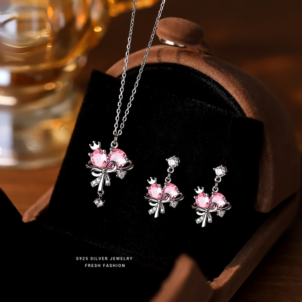925 sterling silver pink love zircon planet jewelry set ~ necklace earrings ~