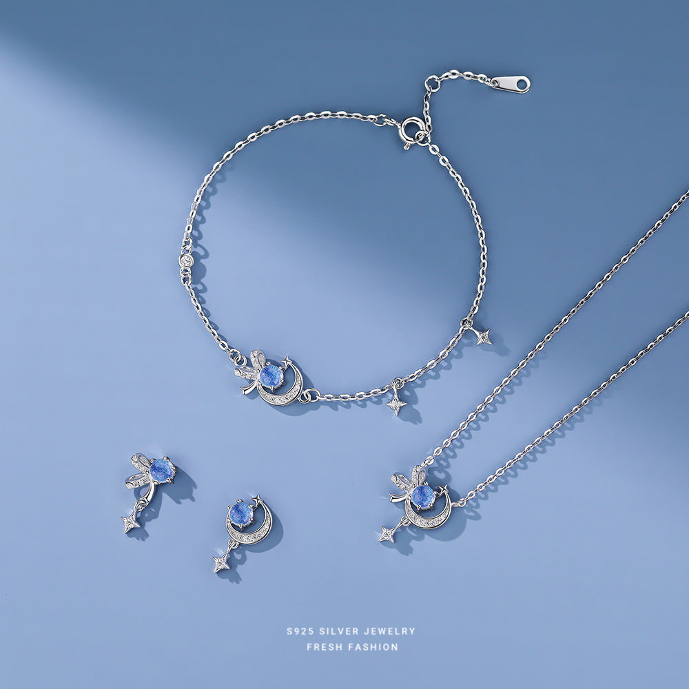 925 sterling silver blue star moon jewelry set ~ necklace bracelet earrings ~