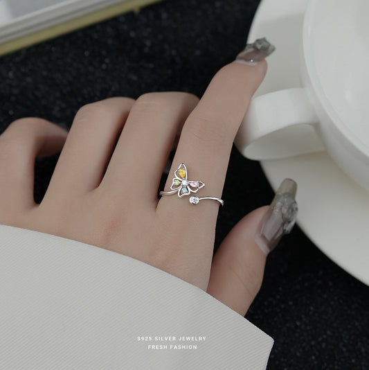 silver 925 ring korean design Colorful zirconium butterfly personality design！