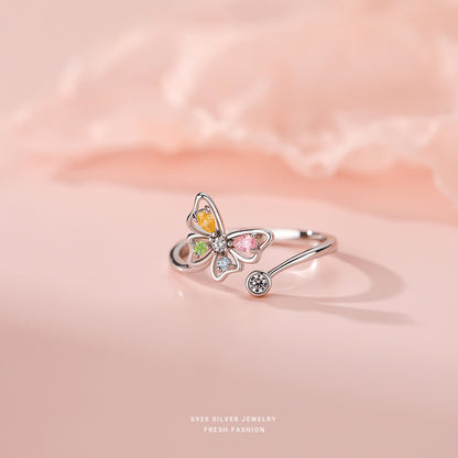 silver 925 ring korean design Colorful zirconium butterfly personality design！