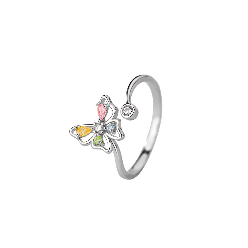 silver 925 ring korean design Colorful zirconium butterfly personality design！