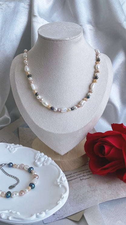 Fresh water pearl set necklace with bracelet coloured