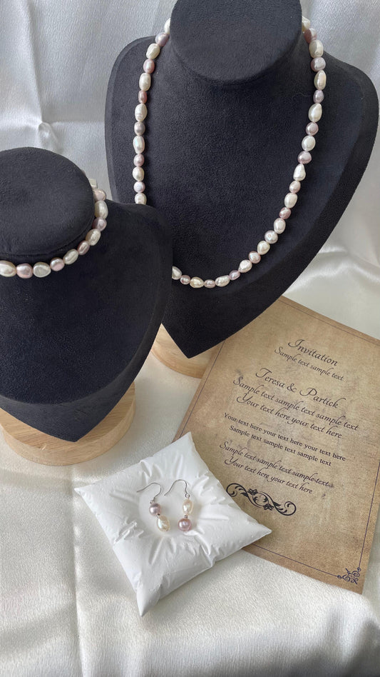 Natural freshwater pearl handmade necklace, bracelet and earrings set, original design, 925 sterling silver parts, white and purple combination