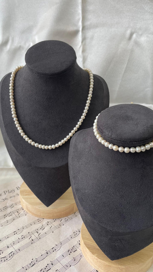 Freshwater pearls, classic 5mm jewelry set, necklace and bracelet, simple and versatile, all sterling silver parts, pure handmade