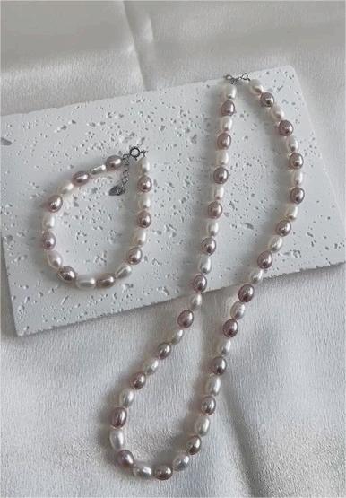 Freshwater pearl necklace bracelet set, white and purple mixed, rice bead shape, exquisite and elegant, classical temperament, handmade, 925 sterling silver parts