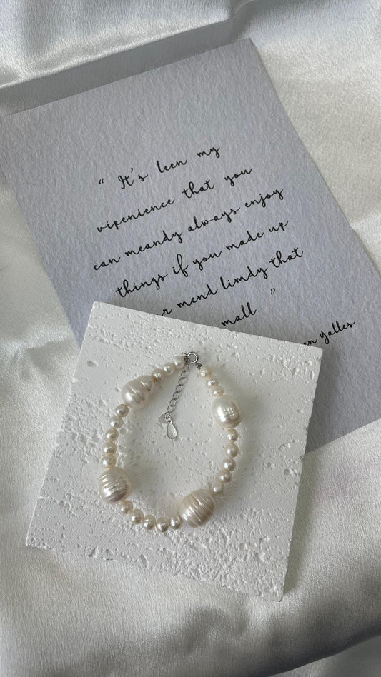 Freshwater pearl bracelet, original design, handmade, sterling silver parts, threaded pearls special shape, rare and unique style