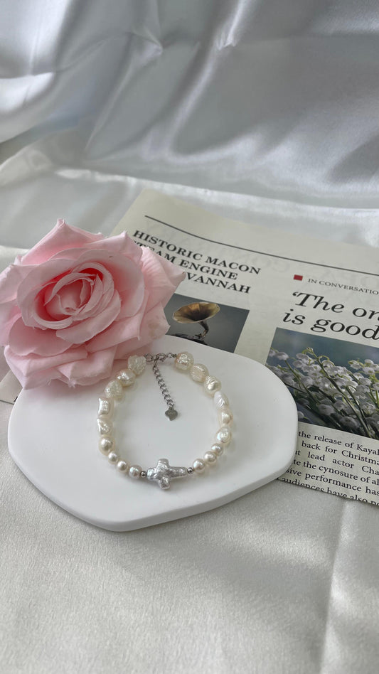 Freshwater pearls, special cross shape bracelet, simple design, handmade, sterling silver parts