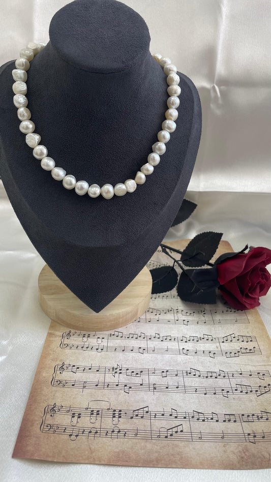 Freshwater pearl necklace, large size 9-10mm, handmade, sterling silver parts
