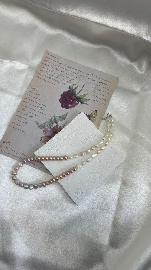 Freshwater pearl necklace, white pink purple mix, gradient tones, original design, handmade, sterling silver parts