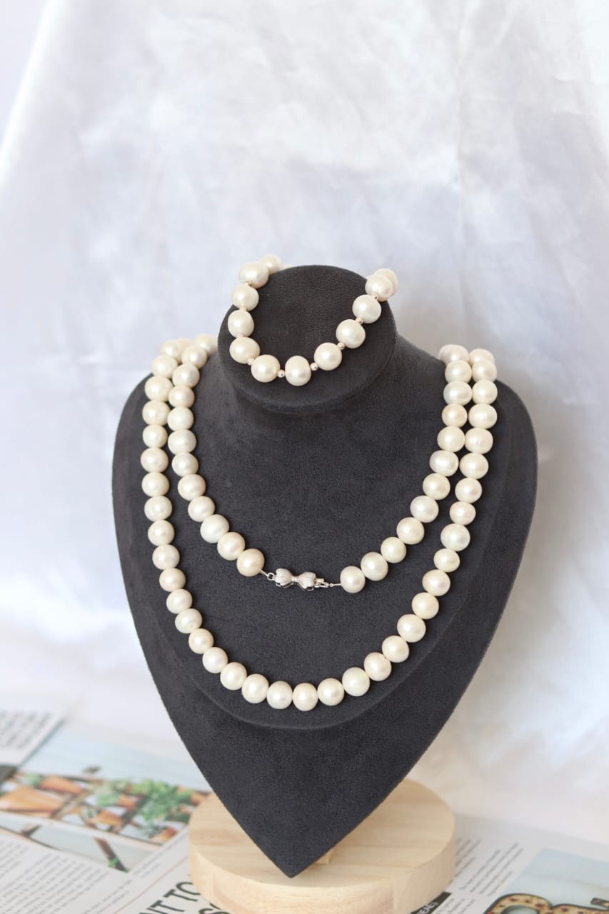 Large pearls, mother's necklace, 10-11mm pearls, long necklace, sweater chain, handmade, 925 sterling silver accessories, bracelet set