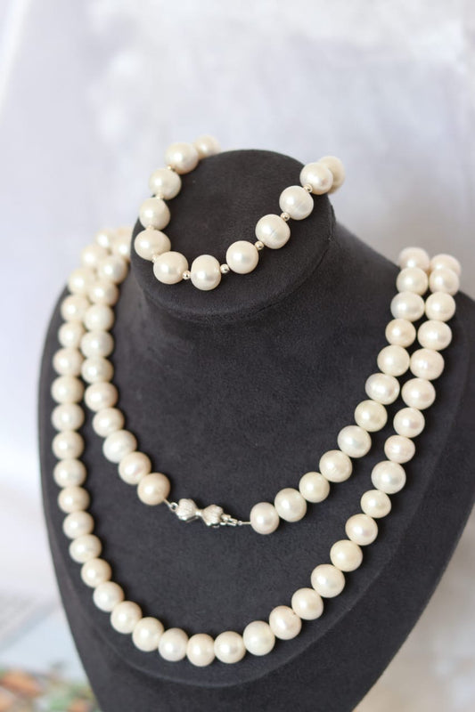 Large pearls, mother's necklace, 10-11mm pearls, long necklace, sweater chain, handmade, 925 sterling silver accessories, bracelet set